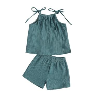 Imagem de LRSQOICM Conjunto de duas camisetas e shorts infantis para bebês meninas, cor lisa, com cadarço, sem mangas, Azul, 3-4 Anos