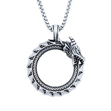 Imagem de HAQUIL Ouroboros Dragon Necklace, pingente de aço inoxidável banhado a prata da serpente Viking Midgard Jormungandr, corrente de caixa, presente de joias Viking
