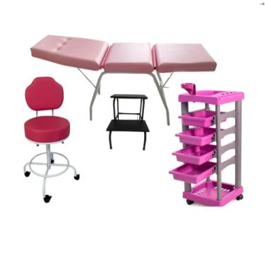 Imagem de HENVIFER, Kit Estúdio maca Rosa + escada + cadeira mocho + Carrinho