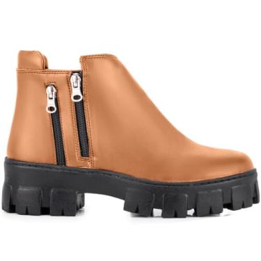 Imagem de Bota Feminina Coturno Confort Tratorado Cano Curto, Zíper Lateral (Bege, BR, Adulto, Numérico, 39)