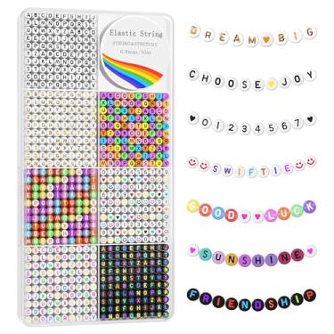 Imagem de Redtwo Kit de 1600 contas de letras, 6 estilos de contas coloridas do alfabeto para pulseira, contas de coração e um rolo de cordão elástico para kit de pulseira da amizade.