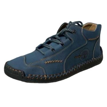 Imagem de didopery Bota masculina de couro costurada à mão com cadarço no tornozelo, casual, vintage, antiderrapante, sem salto para arco, para caminhadas, caminhadas, condução, chukka, Azul, 41