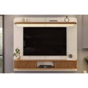 Imagem de Painel Home p/ TV até 75 Pol Capri c/ Led e 2 Portas 215x170cm Off White/Freijó - DJ Móveis