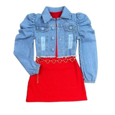 Imagem de Vestidinho Infantil E Jaqueta Jeans Blogueira+ Cinto Coração - Ak Fash