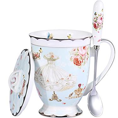 Imagem de AWHOME Xícara de chá, tampa e colher conjunto de caneca de café Royal Fine Bone China 330ml Chávenas de chá azul claro