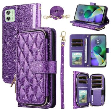 Imagem de Furill Capa carteira para Motorola Moto G54 5G com alça de pulso destacável, alça de ombro transversal, 9 compartimentos para cartões, bolsa com zíper, luxuosa, acessórios de couro PU, capa de