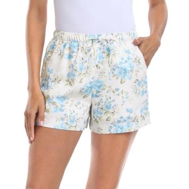 Imagem de HDE Short feminino com cordão misto de linho cintura alta 10 cm costura interna shorts de verão, Floral azul, M