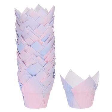 Imagem de HARFINGTON 50 peças de forros de cupcake de tulipa copos de papel padrão para assar embalagens à prova de gordura descartáveis para festa de banquetes de aniversário, rosa chique roxo