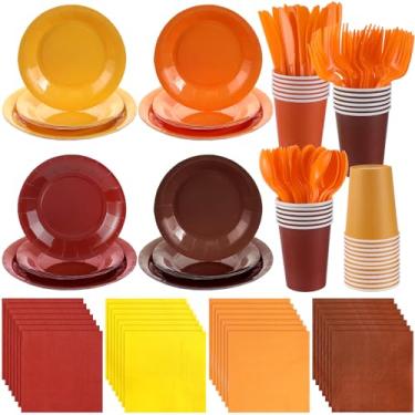 Imagem de Yaomiao 168 peças de pratos e guardanapos de papel de Ação de Graças Borgonha Artigos de Festa Descartáveis Outono Pratos de Papel Laranja Copos Guardanapo Garfos de Plástico Facas Colheres Serve 24