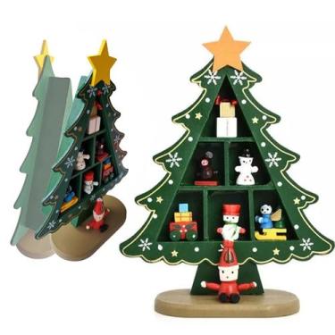 Imagem de Avore Natal Madeira Natalina Boneco Neve papai Noel Enfeite Mesa Sala 