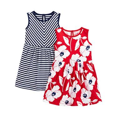 Imagem de Simple Joys by Carter's Conjuntos de vestidos de manga curta e sem mangas para meninas, pacote com 2, Listra azul marinho/estampa de papoula vermelha, 2 Anos