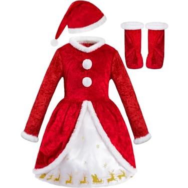 Imagem de AlecosFun Girls Christmas Costume, Mrs. Santa Claus 3 Pcs Dress Suit with Xmas Hat Boot-covers Velvet Outfit Holiday 7-8Y