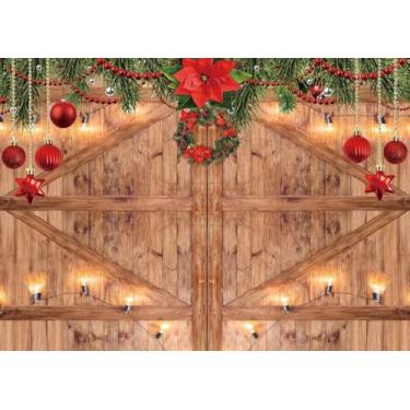 Imagem de CYLYH Pano de fundo rústico para porta de celeiro de Natal de 2,8 x 1,8 m para fotografia de inverno, Natal, porta de madeira rústica de celeiro para fotografia de fundo de árvore de Natal para