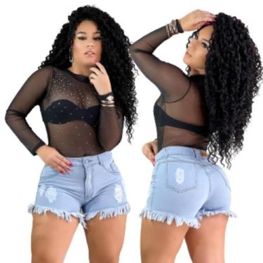Imagem de Short Jeans Preto Feminino desfiado Curto Cintura Alta - karha confecç