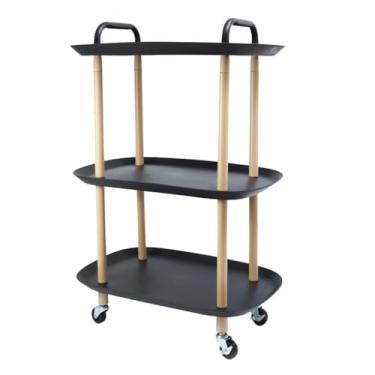 Imagem de Carrinho 3 Andares Organizador Multiuso Bambu Preto Com Rodinhas Lavanderia Banheiro Cozinha Bar