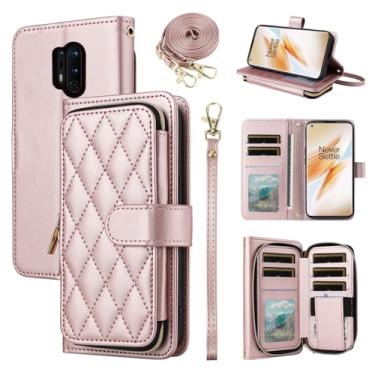 Imagem de Furiet Argyle Capa carteira para OnePlus 8 Pro One Plus 8Pro 5G com alça de pulso, 9+ compartimentos para cartões, bolsa com zíper de luxo, capa para celular On 1Plus 1 + Plus8 1+ ouro rosa