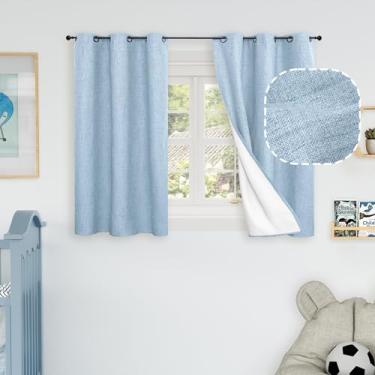 Imagem de Cortinas blecaute de linho azul bebê para berçário de 102 cm de comprimento, 2 painéis, cortinas curtas com isolamento térmico, boho, total blackout, redução de ruído, pequenas cortinas de janela para