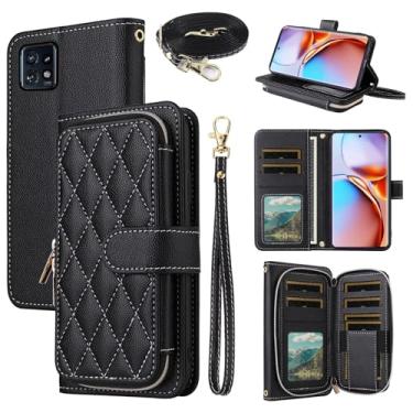 Imagem de Dswteny Argyle Capa carteira para Motorola Edge+ Plus 2023/Edge 40 Pro 5G/Moto X40 com alça de pulso, alça de ombro, bolsa com zíper, suporte para cartão de crédito, capa para celular para X +