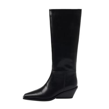 Imagem de UNWRBD Botas de salto plataforma de 5 cm de couro genuíno cano médio bico fino feminino salto alto simples tamanho grande botas até o joelho, Preto, US6 EU37