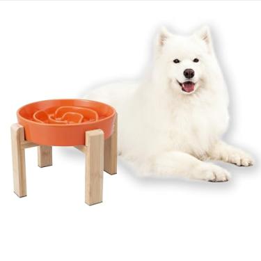 Imagem de Tigela de alimentação lenta elevada para cães - Prato de labirinto com suporte de bambu - Tigela de comida de cerâmica elevada para cães médios e grandes - 21 cm - laranja