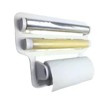 Imagem de Porta Papel para Cozinha e Suporte de Parede Multifuncional 4 em 1 para Papel Alumínio, Filme PVC, Papel Toalha e 2 Ganchos Práticos para Utensilios Domesticos (Branco)