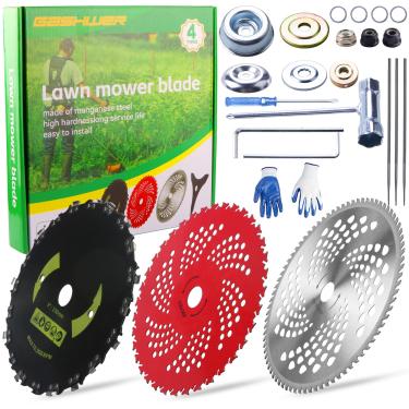 Imagem de Gashwer Lâminas Com Ponta De Carboneto De 9" X 36 Dentes E Lâminas Redondas De Aço Carbono De 9" X 20T Para Motosserra E Lâminas De Aparador De Roçadeira De 10" X 80T Com Kit Adaptador