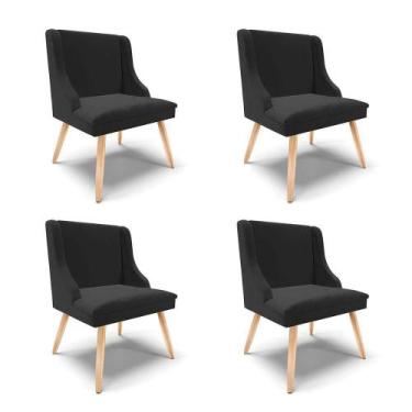 Imagem de Kit 04 Cadeiras Veludo Preto Pés Palito Natural - DROSSI