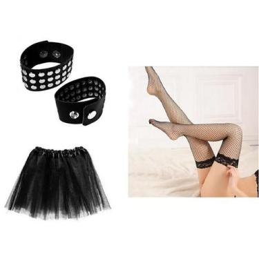 Imagem de Fantasia Punk Feminina Pulseira Meia Arrastão Saia Preta - CM Presente