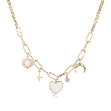 Imagem de Colar com pingente de ouro para mulheres, banhado a ouro 14K, colar grosso, sol, lua, coração, estrela, joias para mulheres, aniversário, Natal, Aço inoxidável, Pérola