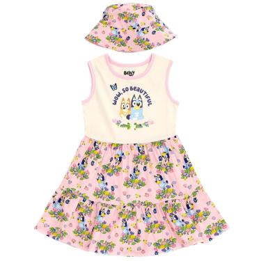 Imagem de Vestido floral Outfit Bluey Bingo com chapéu Bucket Sun para meninas 4T