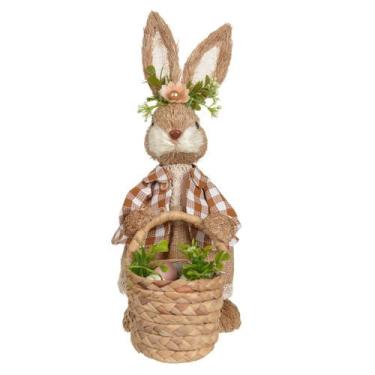 Imagem de Coelho de pascoa femea com cesta palha E roupa xadrez