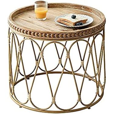 Imagem de Mesa De Centro Redonda Pequena Com Armazenamento, Mesa De Centro De Design De Rattan Rústico Com Estrutura De Metal Forte Para Sala De Estar, Sala De Jantar, Mesa De Bandeja De Borda Elevada,50x43