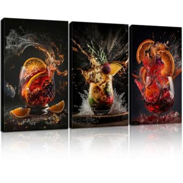 Imagem de Arte de parede emoldurada de 3 peças em tela emoldurada pôsteres de bebida de coquetel, impressões de arte de bar de alta definição, arte moderna de bebidas alcoólicas, imagens de fotografia de