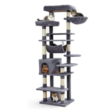 Imagem de HarmoHaby Árvore para gatos grandes, 167 cm, torre de vários níveis para gatos com postes para arranhar, condomínio, poleiros, rede, túnel e estação de alimentação, cinza escuro