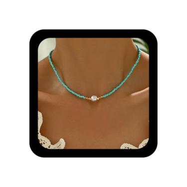 Imagem de Xduargs Colar de contas de sementes boho vintage colar de corrente de contas de arroz havaiano corrente de bola gargantilha única colar de pérola verão praia clavícula para mulheres (branco), Zinco