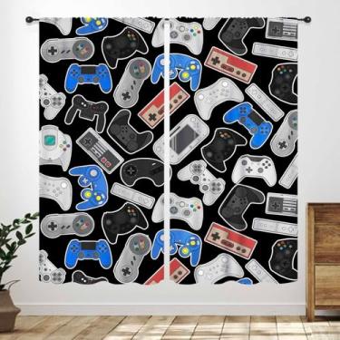 Imagem de Cortinas Gamer para quarto de meninos, controle de videogame moderno desenho animado preto branco cortinas de janela para quarto de crianças adolescentes sala de estar sala de jogos tratamento de