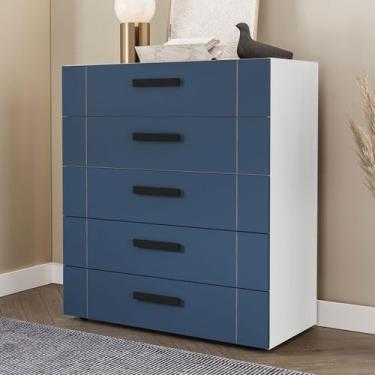 Imagem de Cômoda Lisboa 5 Gavetas Branco/Azul - Politorno, Azul Claro, Moderno