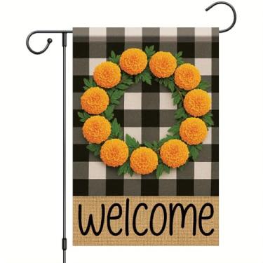 Imagem de Starlit Patio Guirlanda de boas-vindas xadrez búfalo bandeira de jardim bandeira de flor de calêndula 30,5 x 45,7 cm dupla face outono decoração de quintal para varanda pátio gramado fazenda decoração