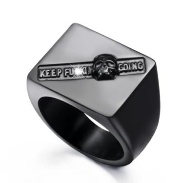 Imagem de ELFASIO Keep Going Anéis de caveira para homens, anel de sinete quadrado para pai, joia de presente para ele, anel de motociclista masculino gótico punk de aço inoxidável, Metal, Sem pedra preciosa