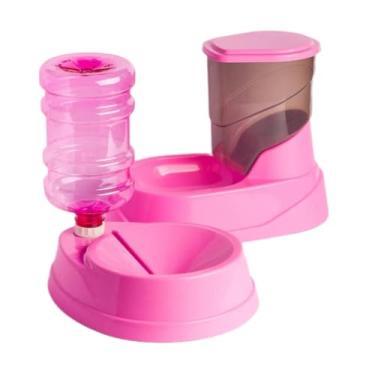 Imagem de Comedouro e Bebedouro Automático para Pets, Rosa, 500ml, Dispensador de Água e Ração
