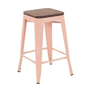 Imagem de Loft7, Banqueta Iron Tolix com assento de madeira rústica escura Kit 66 cm Kit Rosa antigo