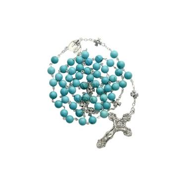 Imagem de Intercession Terço de oração católica, contas turquesa com crucifixo de prata, contas decorativas florais Our Father, Medium, Prata esterlina Turquesa Prata esterlina, Sem Pedra Preciosa