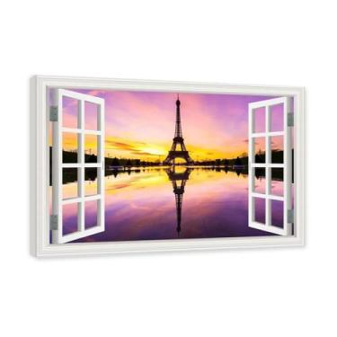 Imagem de NHLDZYH Janela de arte de parede impressa em tela. Visualização de janela falsa. Impressão de imagem natural em tela. Arte de cenário para decoração de sala de estar. (Vista da Torre Eiffel de Paris