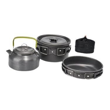 Imagem de menolana Conjunto de utensílios de cozinha para acampamento com 3 peças, kit de cozinha para acampamento, frigideira com alça dobrável, bule, chaleira para, Preto