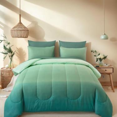 Imagem de Conjunto de edredom King Size - 7 peças, cama macia verde sálvia em uma bolsa com lençol de cima, 2 fronhas e 2 fronhas - jogo de cama quente para todas as estações