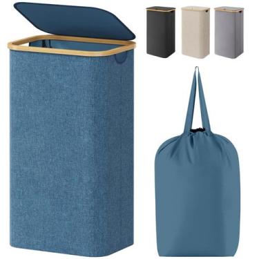 Imagem de Cesto de roupa suja Lifewit 100L com tampa, alças de bambu, azul escur