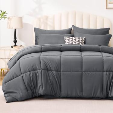 Imagem de Love's cabin Conjunto de edredom California King cinza fuligem, 7 peças, cama king size Califórnia em uma bolsa, 1 edredom para todas as estações, 1 lençol de cima, 1 lençol com elástico, 2 fronhas e