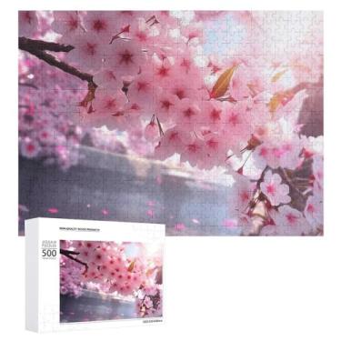 Imagem de Quebra-cabeça 500 peças personalizado de flor de cerejeira para adultos quebra-cabeça de imagem de madeira quebra-cabeça desafiador com saco de armazenamento quebra-cabeça de reunião familiar para