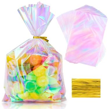 Imagem de Aubeco 160 unidades de sacos de guloseimas iridescentes de celofane com gravatas, sacos de plástico holográfico de 15 x 23 cm para lembrancinhas de festa, doces, embalagem de biscoitos, embrulho de