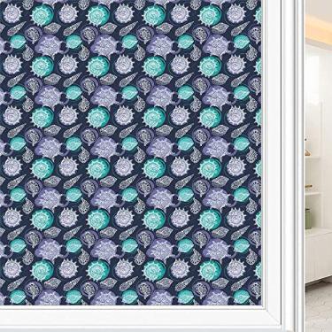 Imagem de Película decorativa náutica para janela, tema oceano, conchas, vieiras, verão, litoral, marinho, sem cola, película de janela de PVC com privacidade estática, L90 x C 190 cm, azul noturno